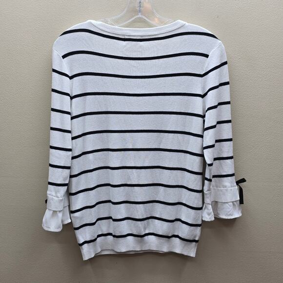Maison Jules Women's Striped Bow Sleeve Knit Sweater White Black Size Medium - Picture 2 of 7